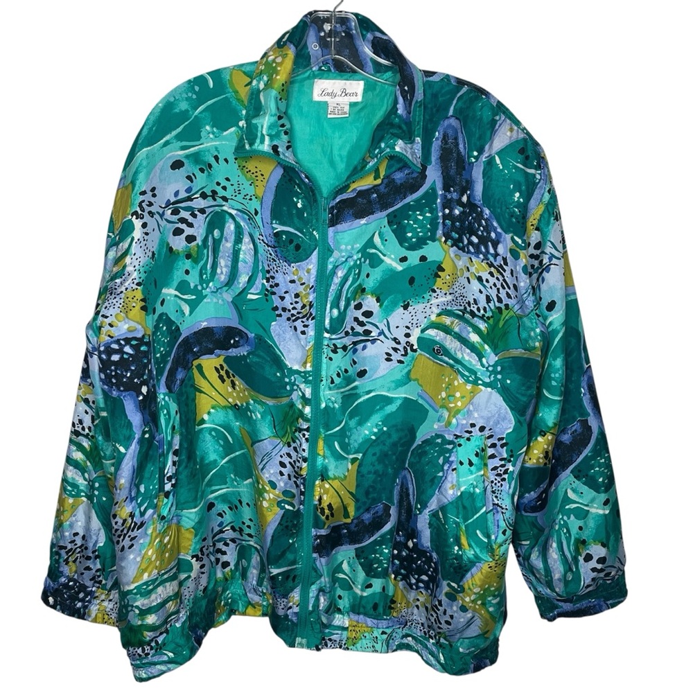 Lady Bear Sz XL Silk Jacket Green Blue Abstract Print Shoulder Pads Lightweight